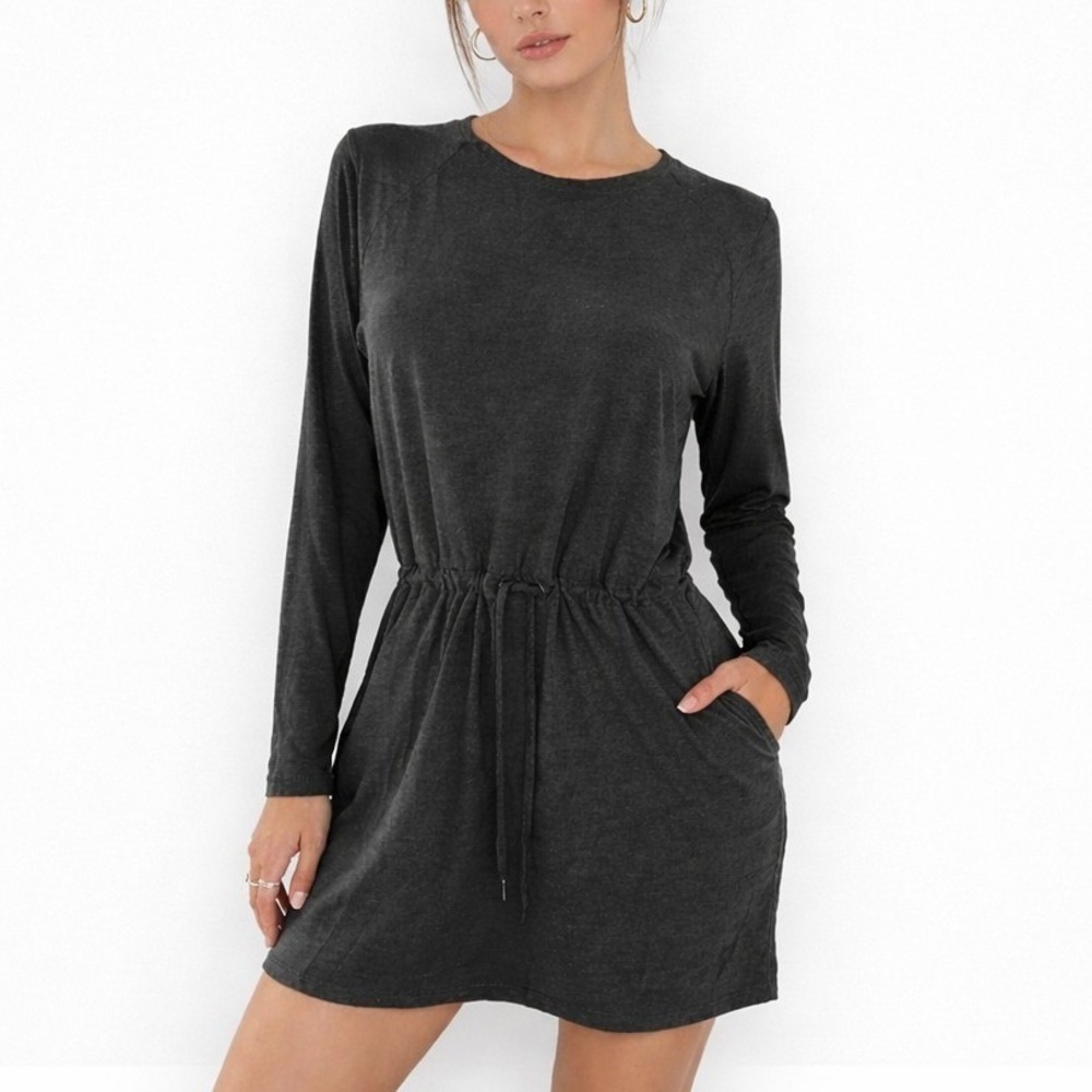 KonaK Charcoal Long Sleeve Mini Dress Cinched Waist Pockets Petite Small P/S